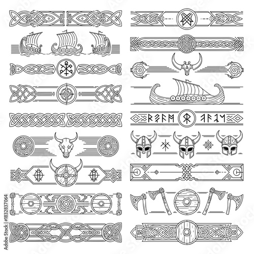 Viking-inspired decorative borders and symbols in black and white  