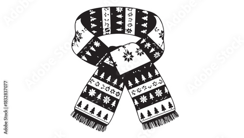 Black and white patterned scarf with geometric knit design.