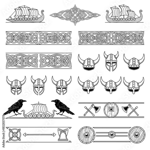 Viking ship and helmet illustrations in black and white style  