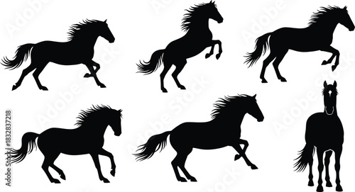 Collection of six black horse silhouettes showing various dynamic poses