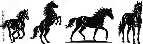 Collection of four black horse silhouettes in different dynamic poses