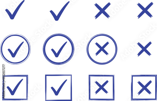 Set of blue hand drawn check mark and cross icons in various shapes