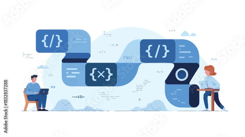 Abstract digital art representation of complex data structures and coding concepts with vibrant color accents