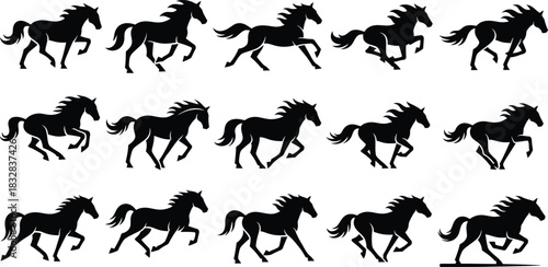 Sequence of black horse silhouettes showing different phases of a gallop