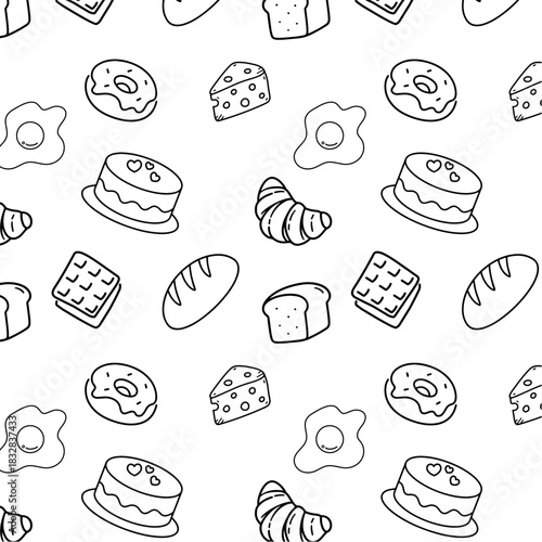 Seamless vector pattern of assorted bread, perfect for bakery branding, packaging, wrapping paper, food design, and cute creative projects.