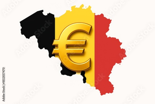 Golden euro currency symbol over Belgium map with national flag colors representing European economic and financial integration, isolated on white background.