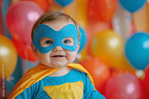 Baby Superhero Costume in Colorful Setting for Carnival, Birthdays, and Playful Costume Party Fun