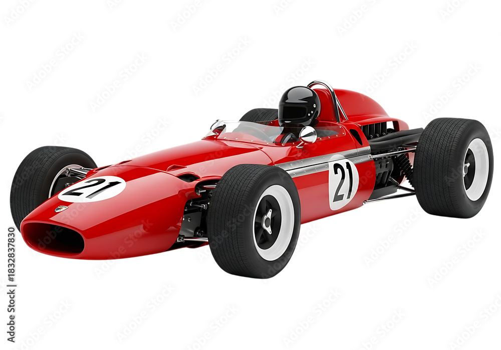 Obraz premium Vintage red formula one race car with number 21 on a black background