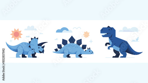Playful geometric dinosaur collection with vibrant colors and clean lines perfect for children s designs