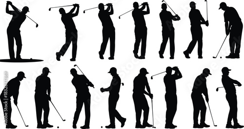 Collection of black silhouette icons showing the sequence of a golfer executing a full swing from address to follow through