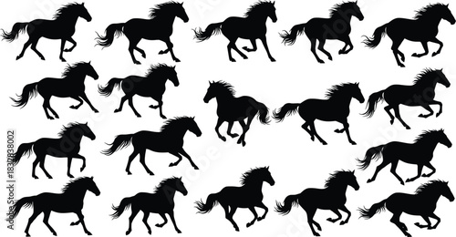 Collection of black horse silhouettes running in various dynamic poses