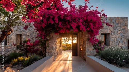 Elegant villa with blooming bougainvillea archway, sunrise beams highlighting minimalist stone fascade