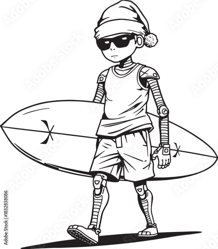 Surfing Robot in Christmas Hat: A futuristic robot clad in festive attire and sunglasses strides confidently, carrying a surfboard.