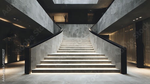 Grand luxury staircase interior with smooth stone, hidden lighting, modern railings, and natural brightness shaping elegant symmetry