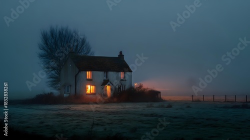 Isolated countryside house with fog creeping along the ground, eerie twilight glow reflecting on windows, roof slightly damaged