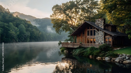 Lakeside luxury cabin with wood and stone mix, gentle mist, warm sunrise, still water, and dense green forest creating a calm upscale environment