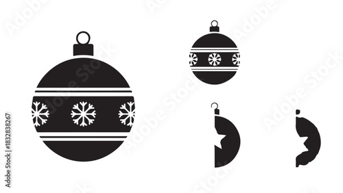 Minimalist black and white Christmas ornaments hanging in circular ball shapes.
