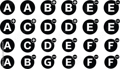 Set of black circle icon label with letter inside and plus or minus sign for rating or classification