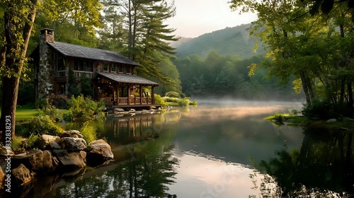 Lakeside luxury cabin with wood and stone mix, gentle mist, warm sunrise, still water, and dense green forest creating a calm upscale environment