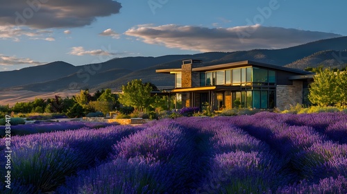 Luxury contemporary house with blooming lavender rows, golden rays casting warm tones on glass windows