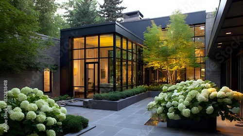 Luxury contemporary house with blooming hydrangeas in courtyard, tall illuminated glass walls, sleek lines