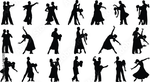 Collection of black silhouette icons representing various dynamic ballroom and latin dance couple poses