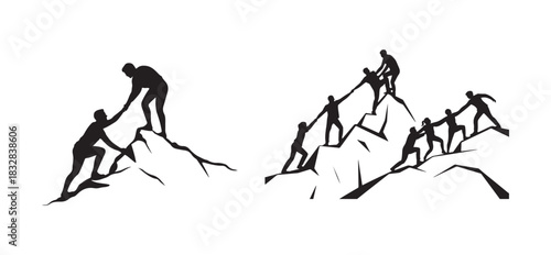 Team Mountain Climbing Silhouette, Group Support and Helping Hands Vector.