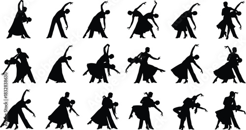 Collection of black silhouette icons depicting various ballroom dance partner poses and movements