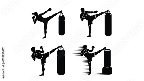 Silhouettes of kickboxers and martial artists training with punching bags, showing powerful kicks