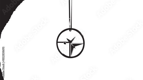 Minimalist circular pendant necklace with geometric windmill-inspired design on stark white background.