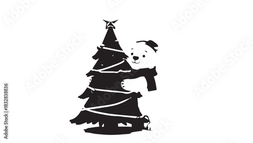 Playful panda hanging on a stylized Christmas tree illustration.