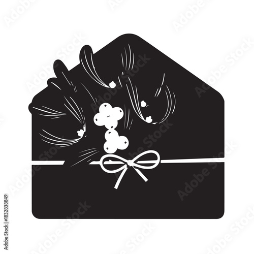 Stylish black envelope illustration with white bow and decorative gift motif.