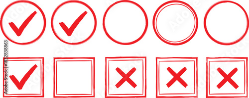 Set of red grunge rubber stamp icons showing check marks, crosses, and empty circles and squares