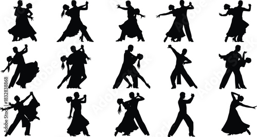 Collection of black silhouette icons representing various ballroom and latin dance couple poses