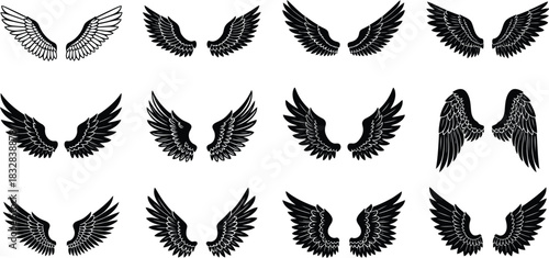 Set of Stylized Angel Wings in Black and White Outline and Silhouette Designs feather wings