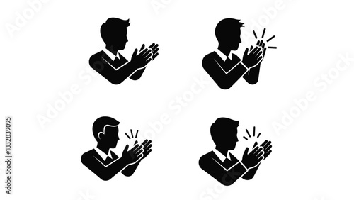 Collection of four black silhouettes of a person clapping hands, showing approval, success, or celebration