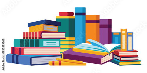Colorful illustration of a pile of books with an open book and pencils on a white background
