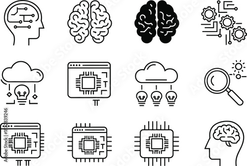 Artificial intelligence and technology icon set. Brain circuit, machine learning, gears, cloud idea, and digital processor vector illustration