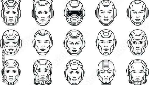 Hand drawn robot head vector set. Cyborg face, android character, and artificial intelligence avatar outline collection