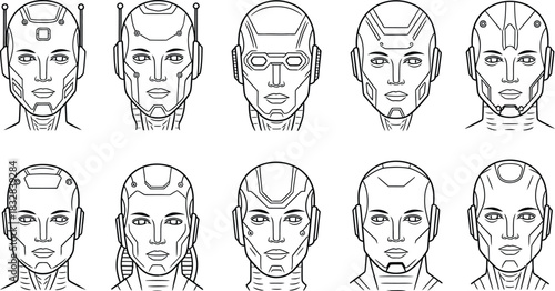 Hand drawn robot head vector set. Cyborg face, android character, and artificial intelligence avatar outline collection