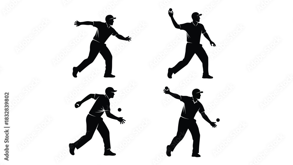 Obraz premium Four black silhouettes of a man playing bocce or petanque, demonstrating various throwing actions