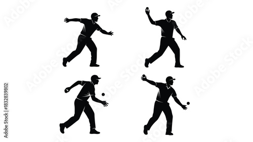 Four black silhouettes of a man playing bocce or petanque, demonstrating various throwing actions