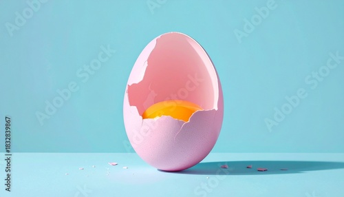 A large pink egg with broken shell revealing orange yolk, placed on light blue surface with matching background.