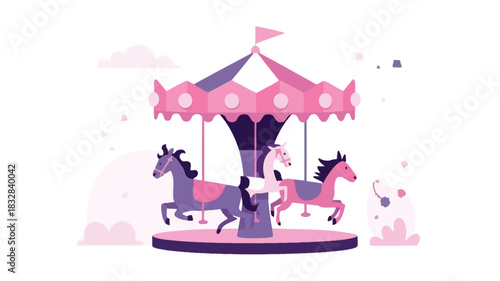 Whimsical geometric carousel illustration with vibrant colors and playful design elements