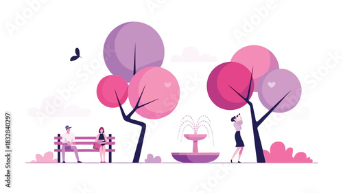Geometric abstract city park design with stylized trees and vibrant color elements