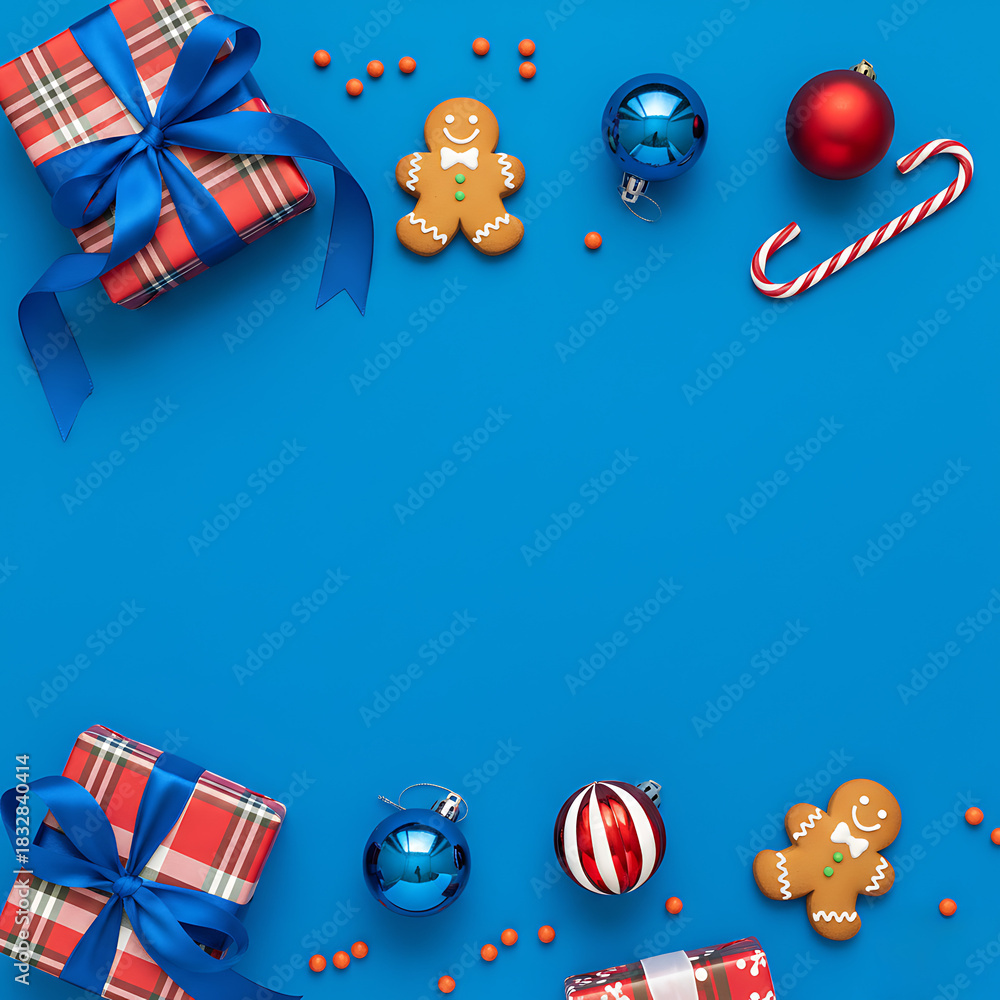 Fototapeta premium Christmas flat lay with gingerbread man, gift box, and ornament on blue