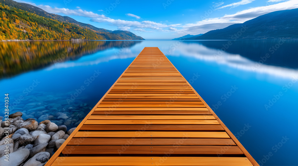 Obraz premium Soft Sunrise Over Calm Scandinavian Fjord with Mist and Wooden Pier