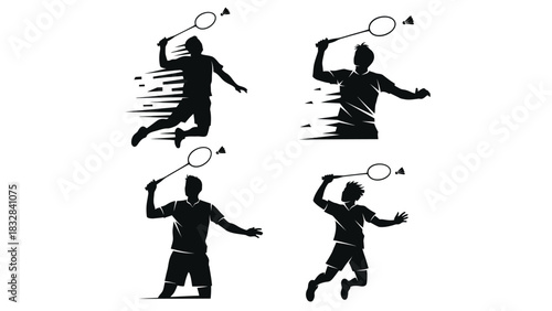 Dynamic silhouettes of badminton players in various action poses, showcasing movement and sport