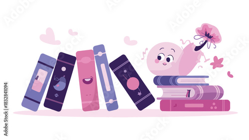 Whimsical bookshelf illustration with colorful imaginative books and decorative elements