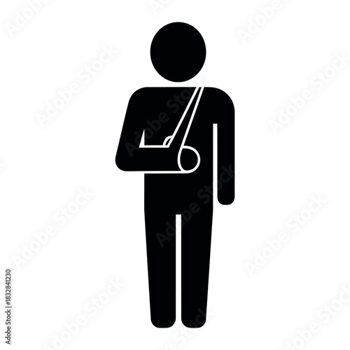 Medical symbol of a person with a broken arm in a sling isolated on white background